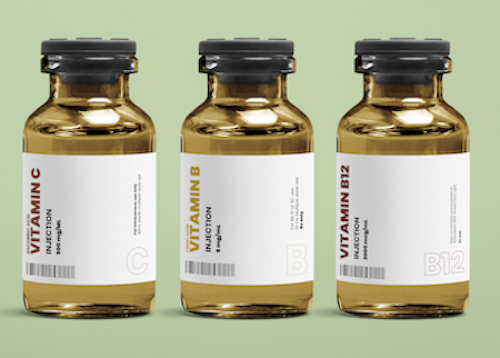 Pharmaceutical bottle labels for vitamins.