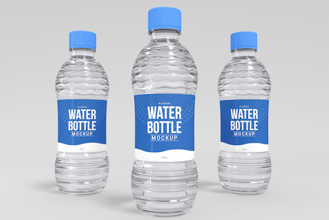 Water bottles with stickers and sticky labels.